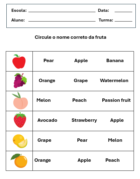atividades frutas em inglês