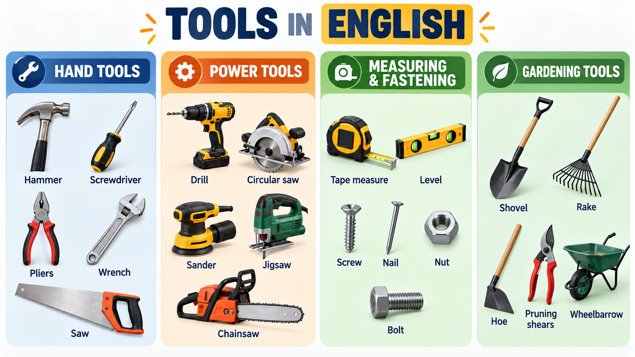 Categorias de ferramentas em inglês: ferramentas manuais, elétricas, de medição e jardinagem