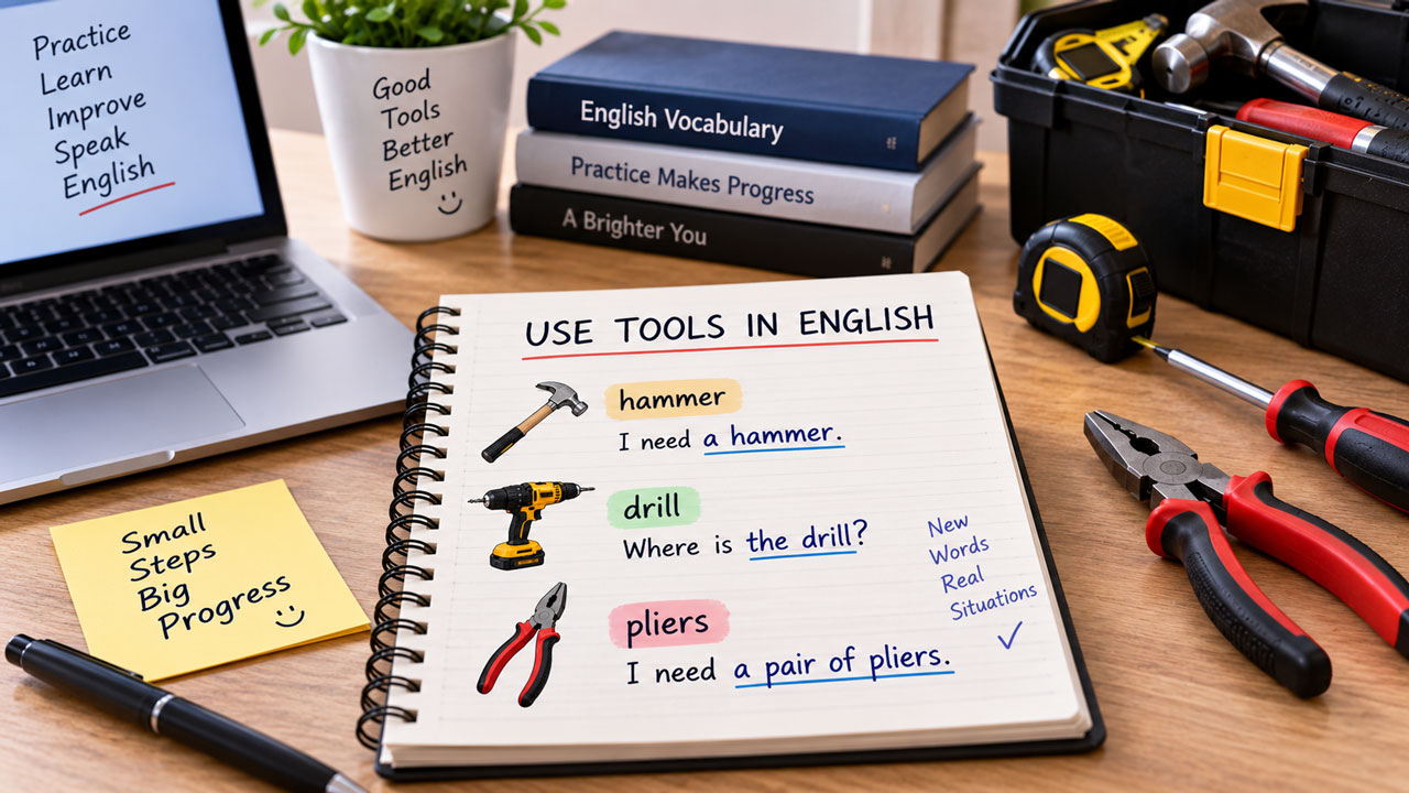 Estudo de vocabulário de ferramentas em inglês com palavras e frases