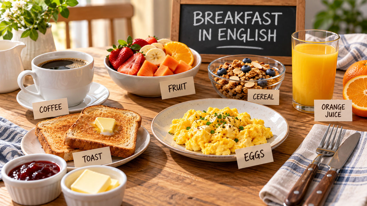 Café da manhã com alimentos e bebidas representados em inglês