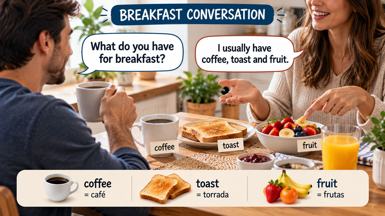 Duas pessoas conversando em inglês durante o café da manhã