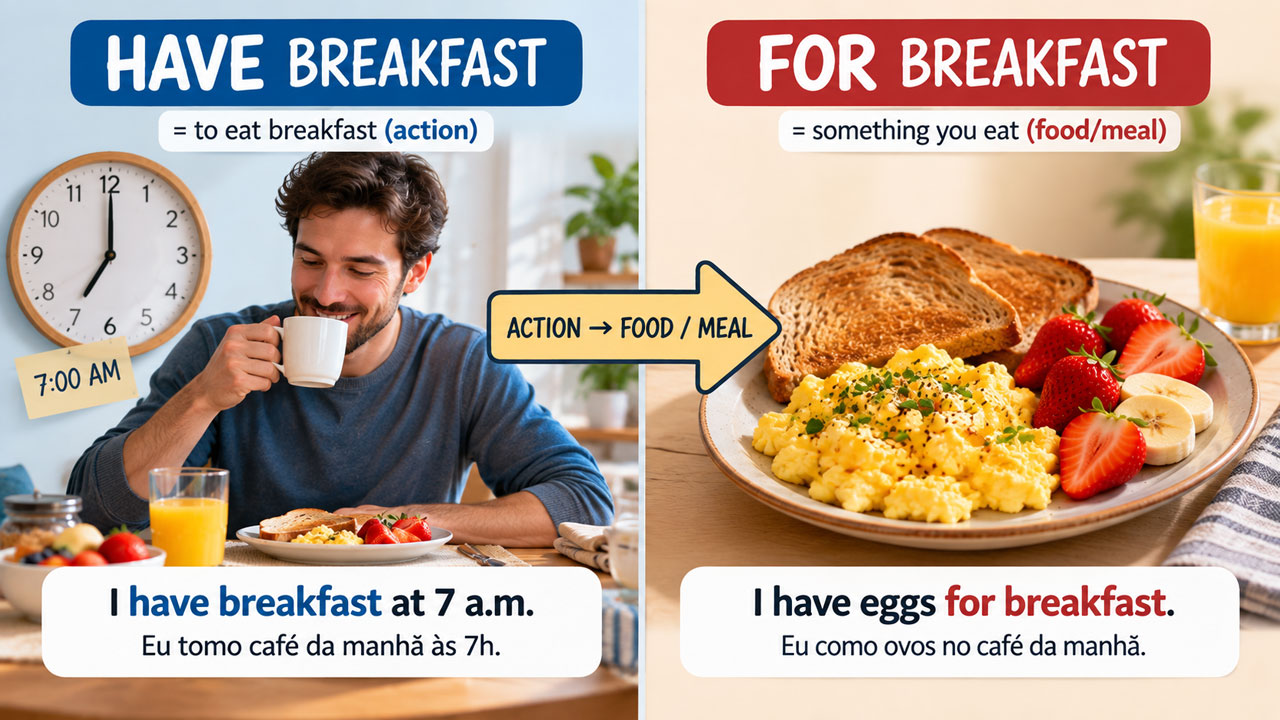 Diferença entre have breakfast e for breakfast em inglês