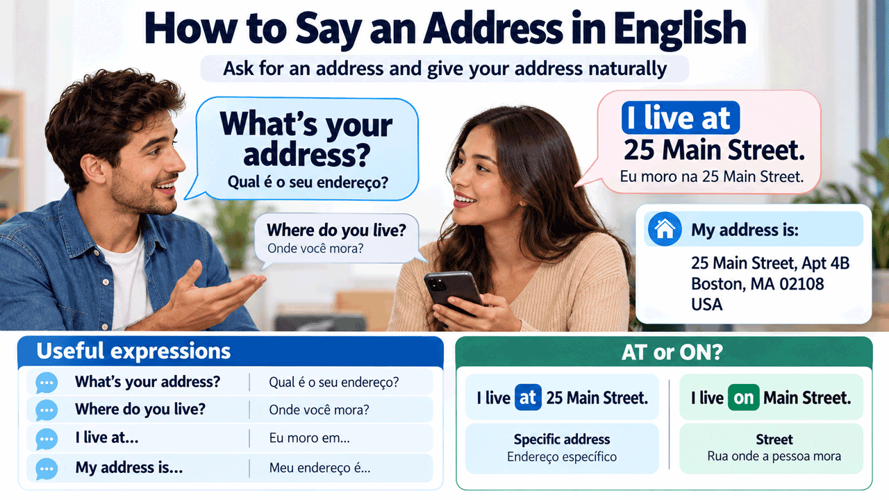 Duas pessoas conversando em inglês sobre como informar um endereço