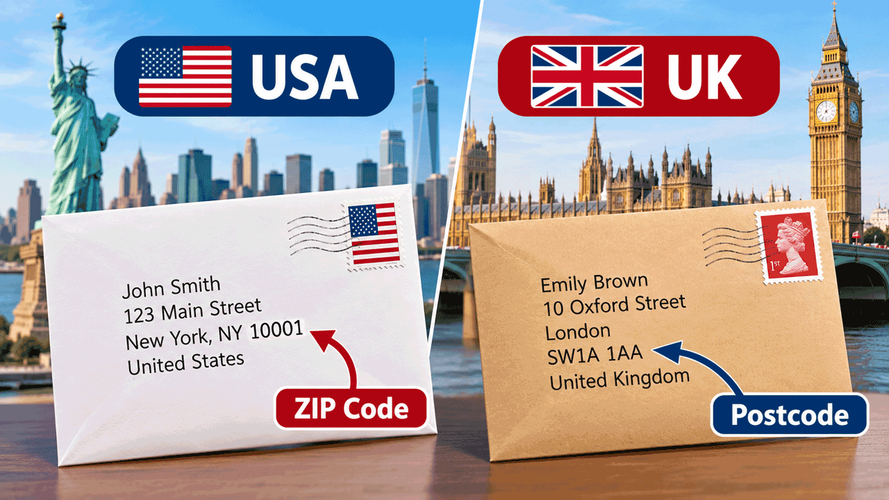 Exemplos de endereços em inglês nos Estados Unidos e no Reino Unido