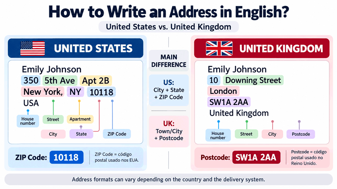 Comparação do formato de endereço em inglês nos Estados Unidos e no Reino Unido
