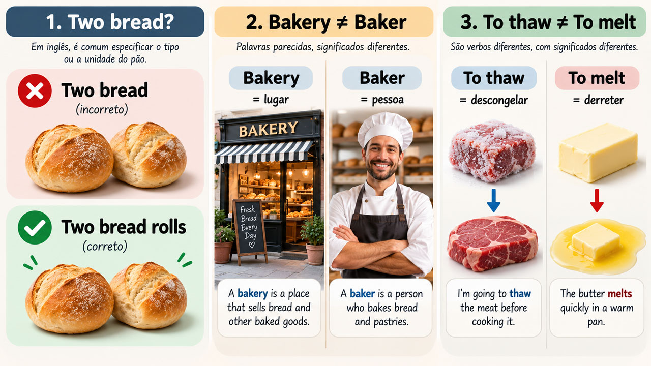 Erros comuns ao falar sobre padaria em inglês, como bakery e baker, two bread e bread rolls