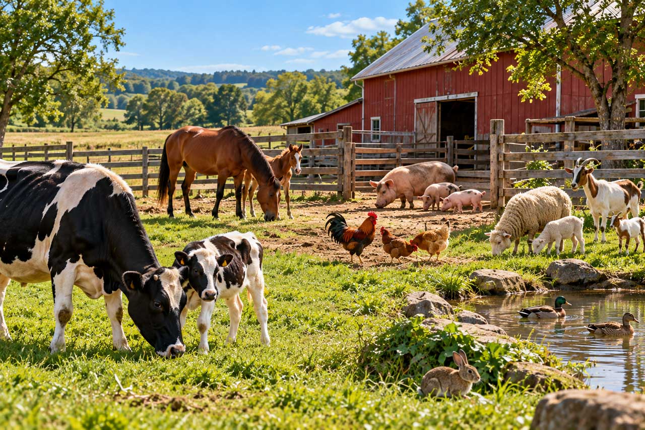 Animais da fazenda como vacas, cavalos, porcos, ovelhas e galinhas em uma propriedade rural