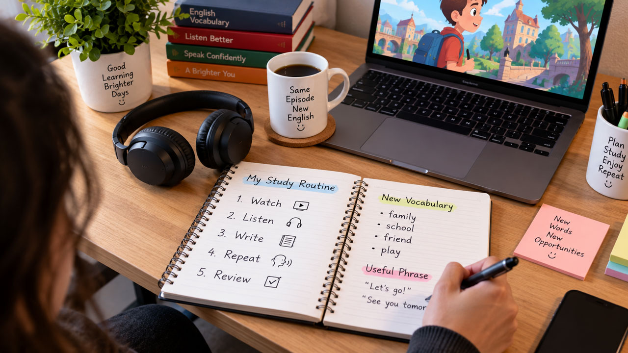 Rotina de estudo de inglês com desenho animado