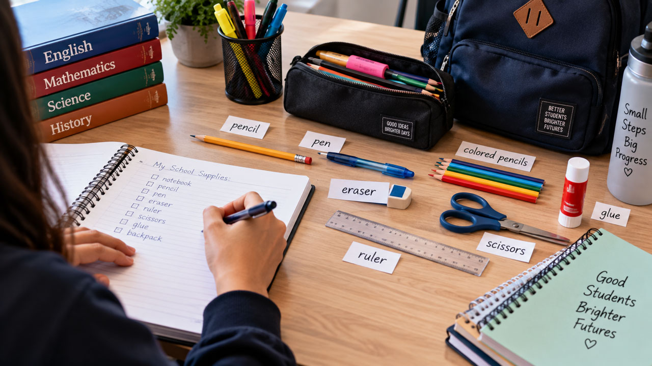 Materiais escolares e objetos usados em inglês
