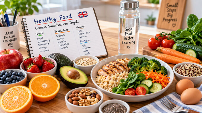 Comida saudável em inglês com frutas, vegetais e outros alimentos