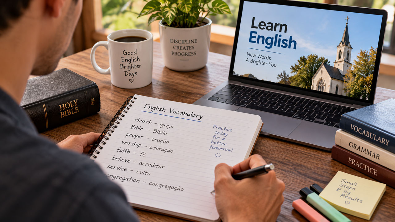 Pessoa estudando vocabulário de igreja em inglês