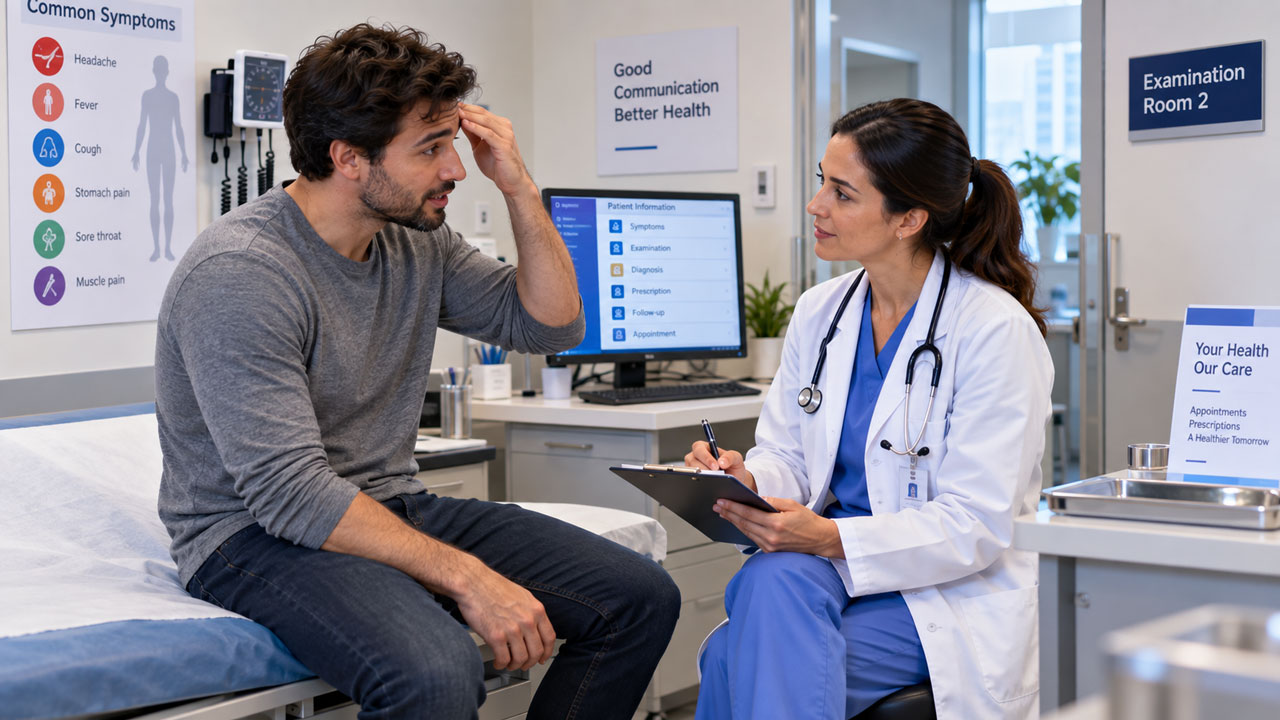 Paciente conversando com profissional de saúde durante atendimento hospitalar