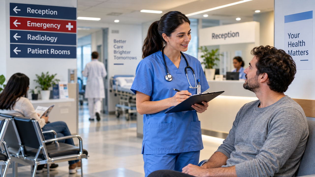 Ambiente hospitalar com profissional de saúde e paciente
