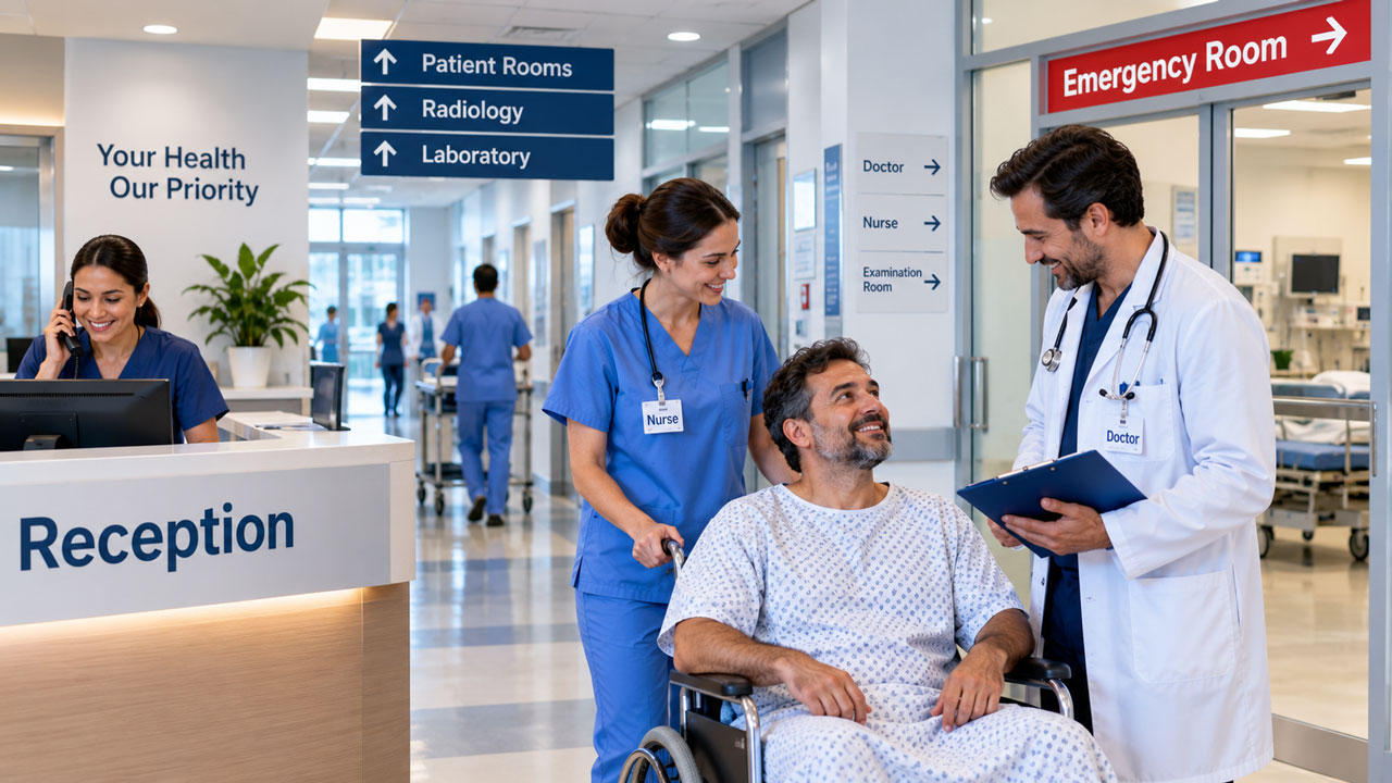 Médico, enfermeira e paciente em diferentes áreas de um hospital
