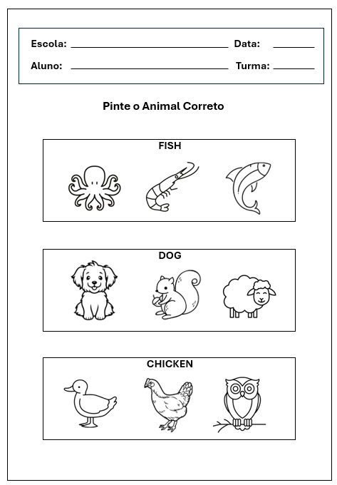 atividades animais em inglês educação infantil