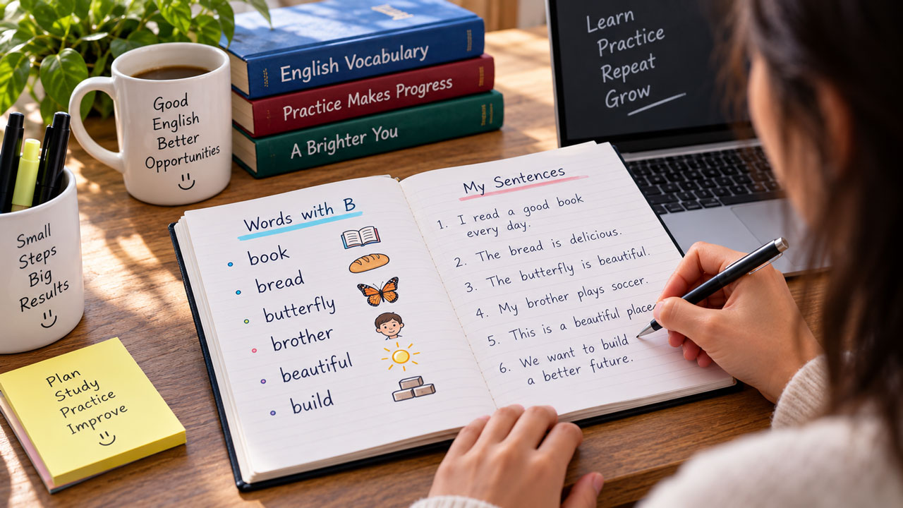 Estudante praticando palavras em inglês com a letra B