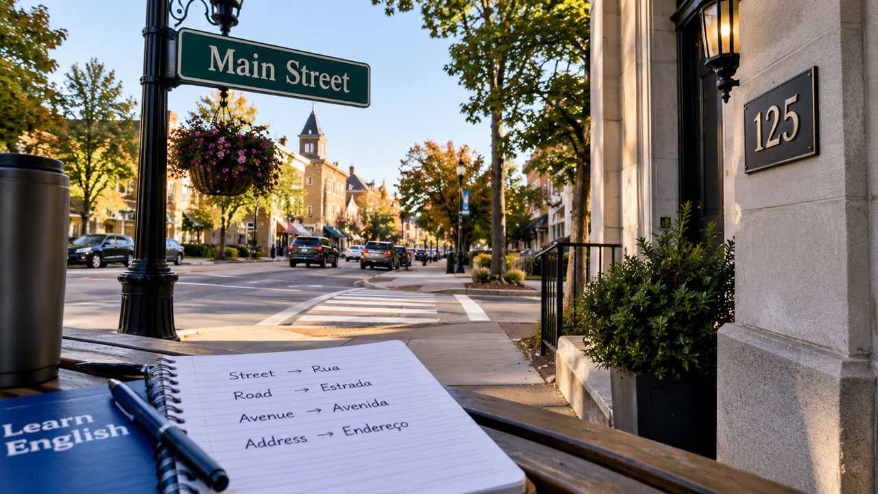 Rua em inglês com placa Street e endereço residencial