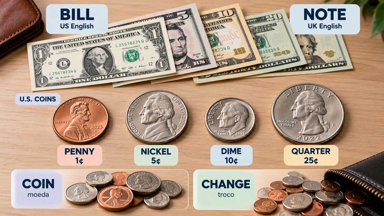 Moedas e cédulas em inglês: coin, bill, penny, nickel, dime e quarter
