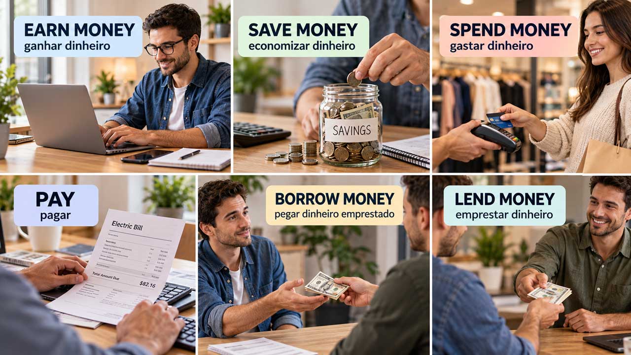 Verbos em inglês usados para falar de dinheiro, como earn, save, spend, pay, borrow e lend