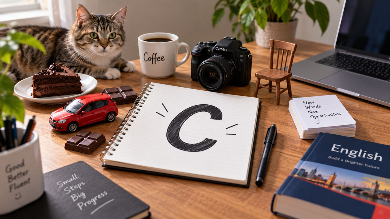 Mesa de estudo com a letra C e palavras em inglês